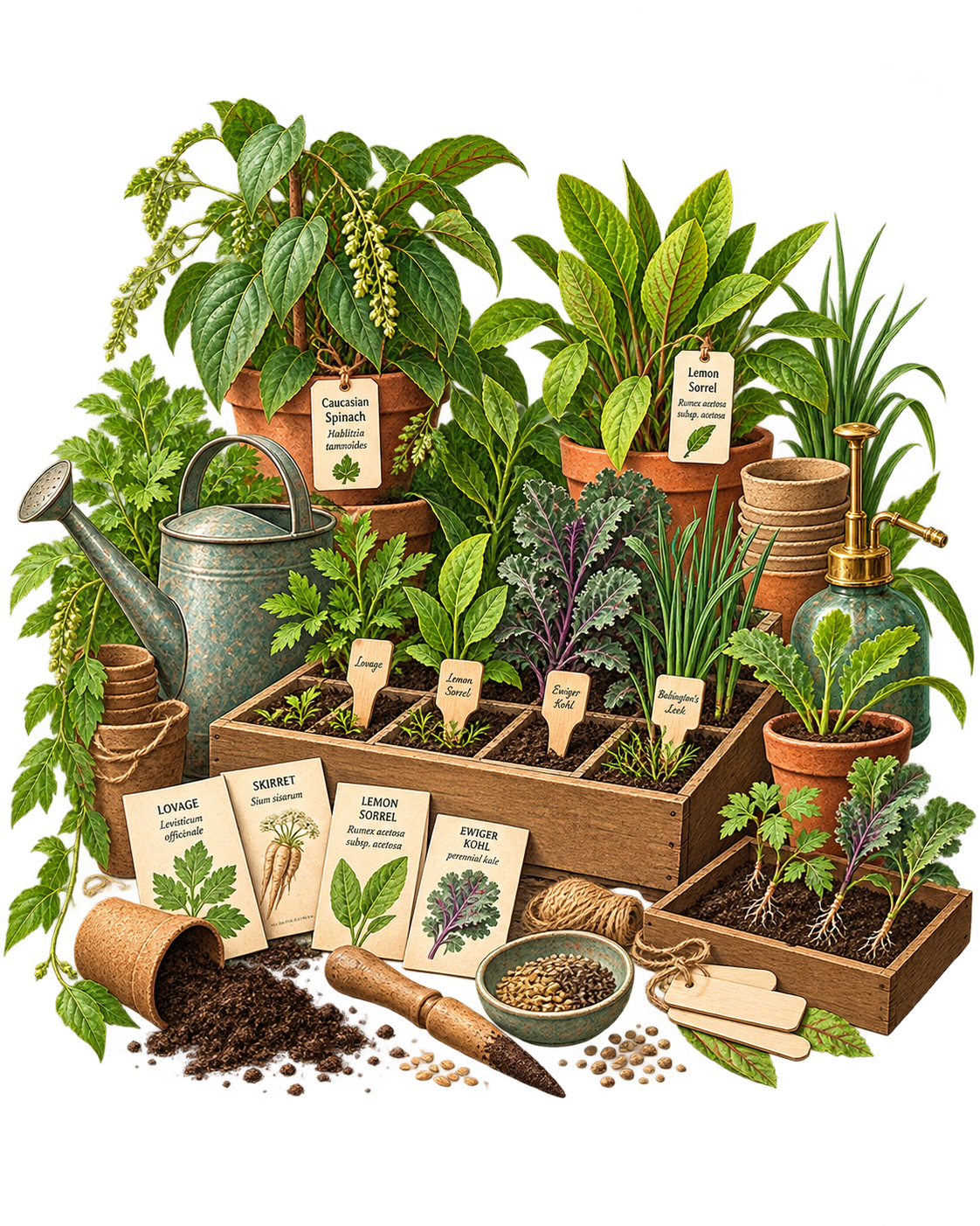 Illustrated sowing and propagation display with seed trays, seed packets and young seedlings