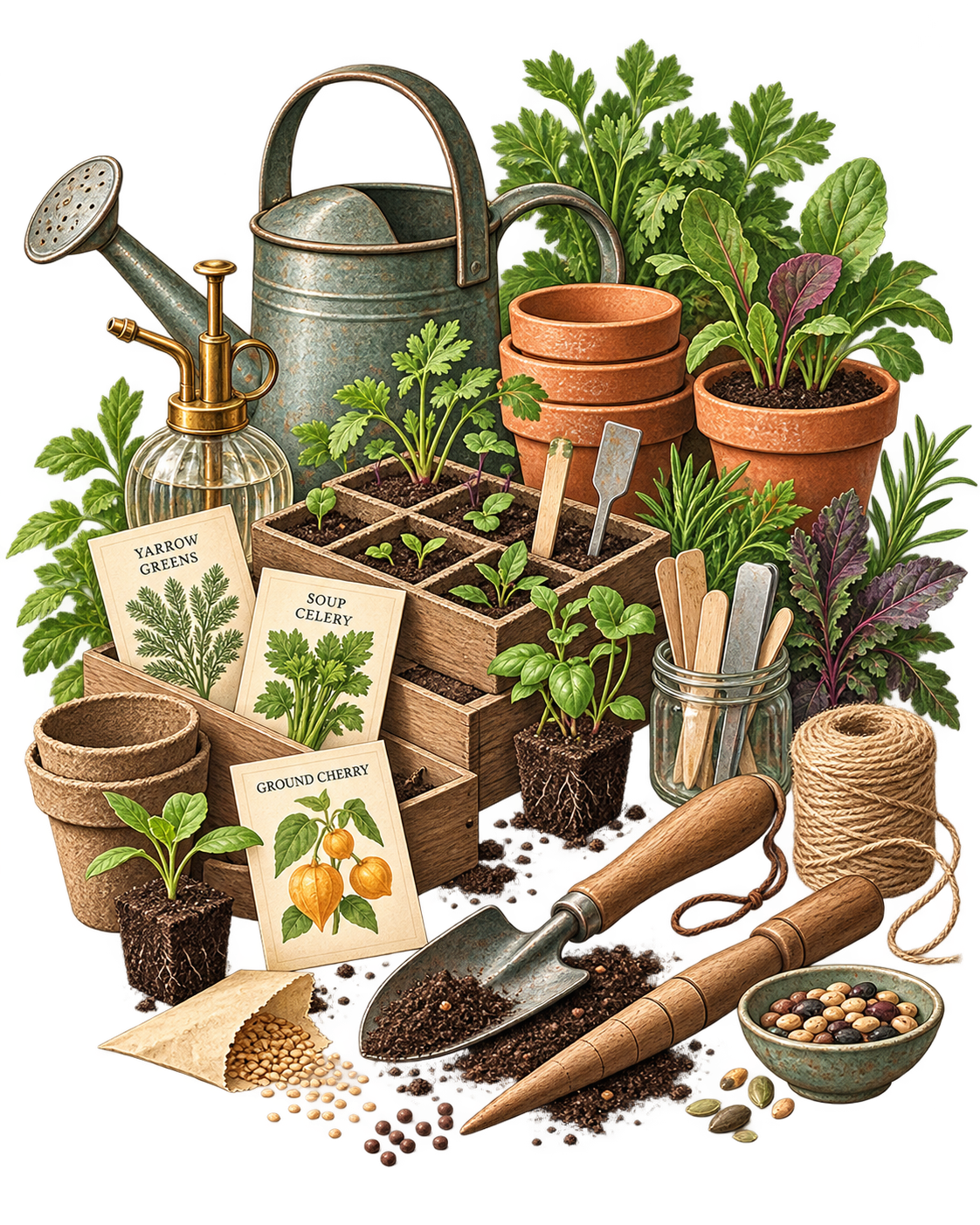 Illustrated sowing tools display with seed trays, pots, dibbers and heritage seedlings